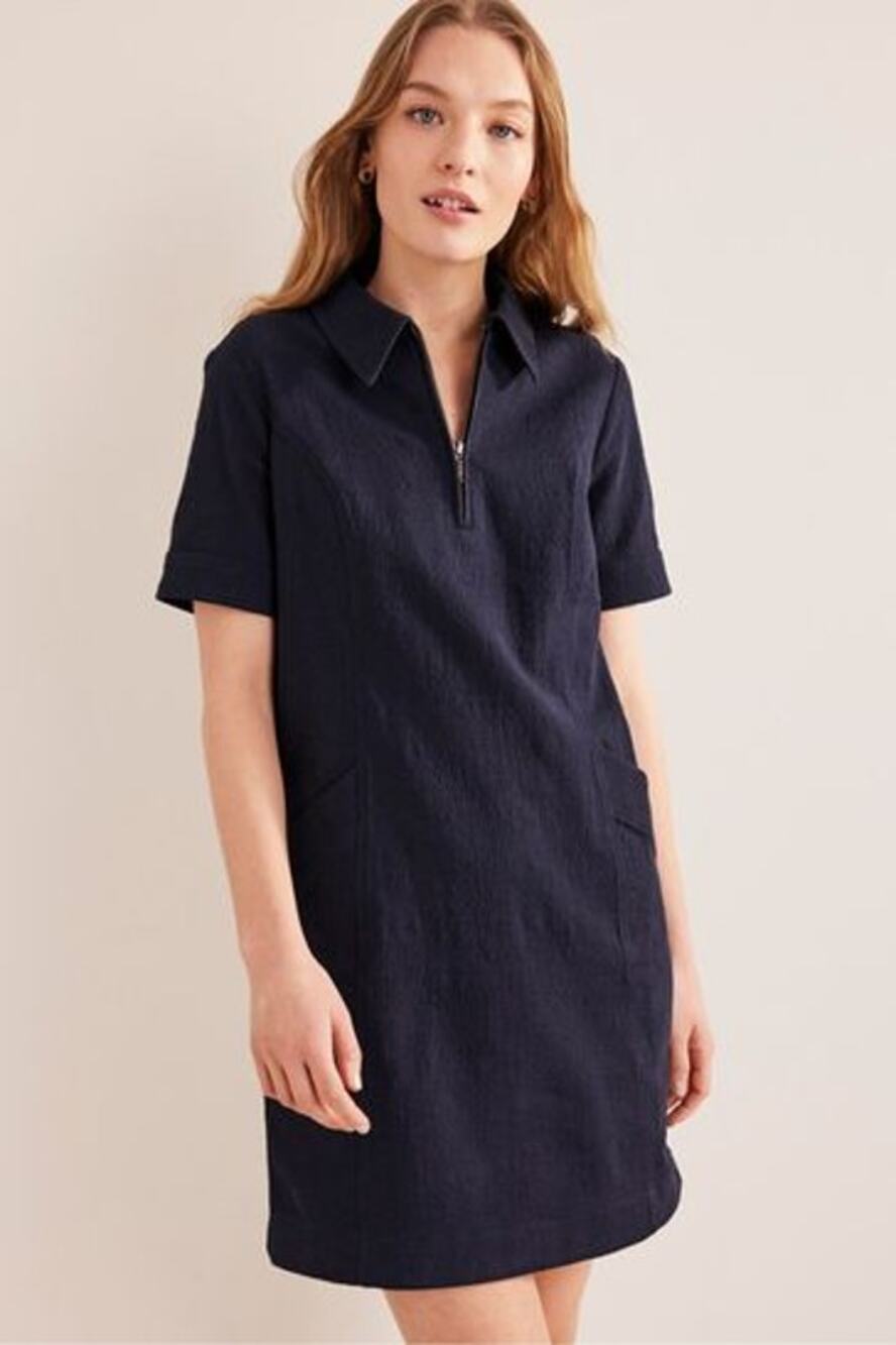 boden | navy blue zip detail pockets collared cotton mini shift dress sz 10